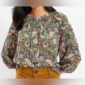 LOFT Green Paisley Pleated Balloon Sleeve Top